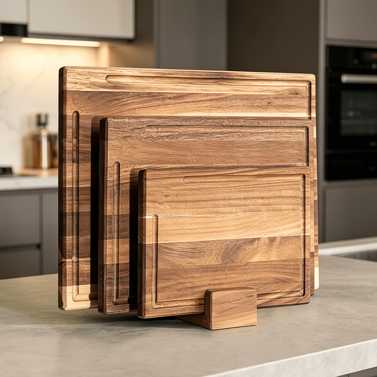 Image of Acacia Wood Cutting Board 4pcs Set (3 Cutting Boards And 1 Bracket), Thickened Solid Acacia Wood Cutting Board, Suitable For Wooden Cutting Boards For Kitchen, Wooden Cutting Board For Kitchen
