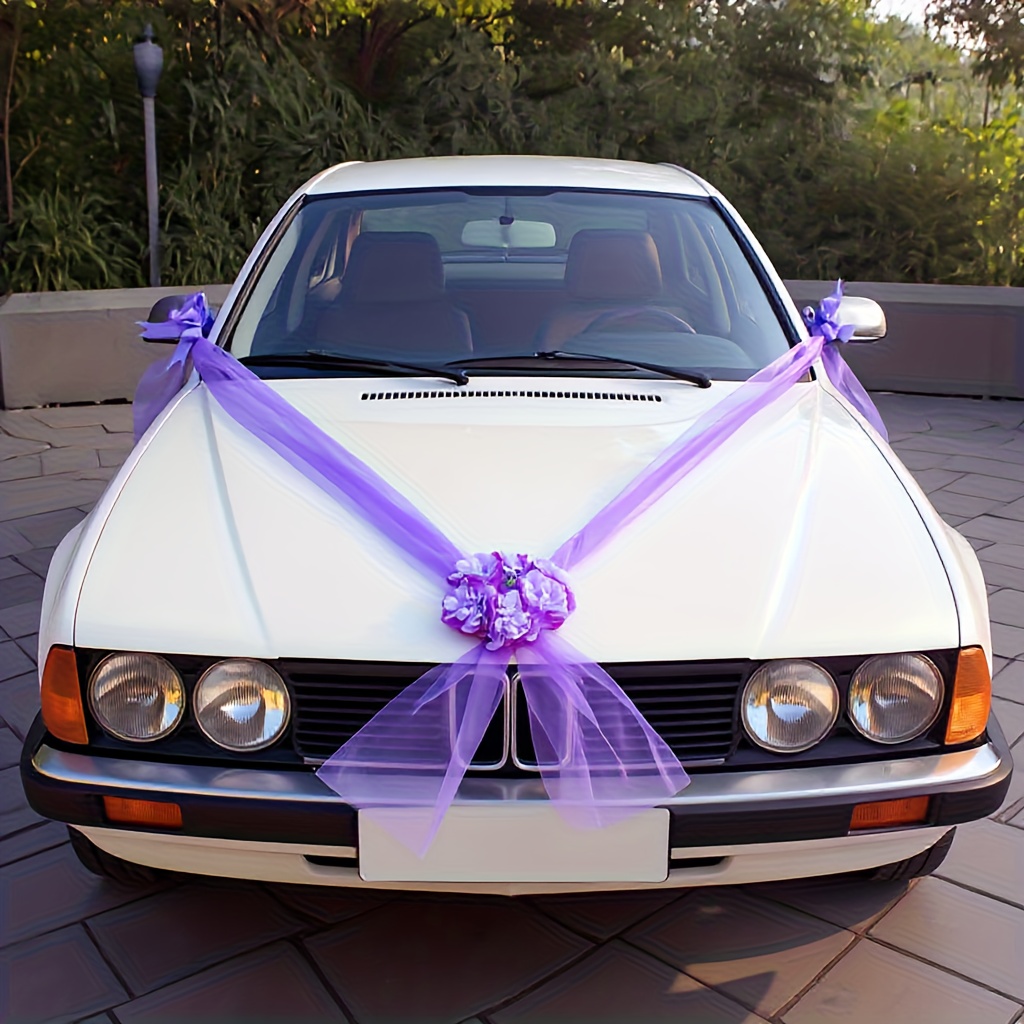 Image of 1pc Elegant Fabric Flower Car Wreath With Ribbon Bow - Vibrant Wedding & Engagement Door Handle Decoration, Artificial Floral Arrangement In Purple/pink/red For Outdoor Celebrations
