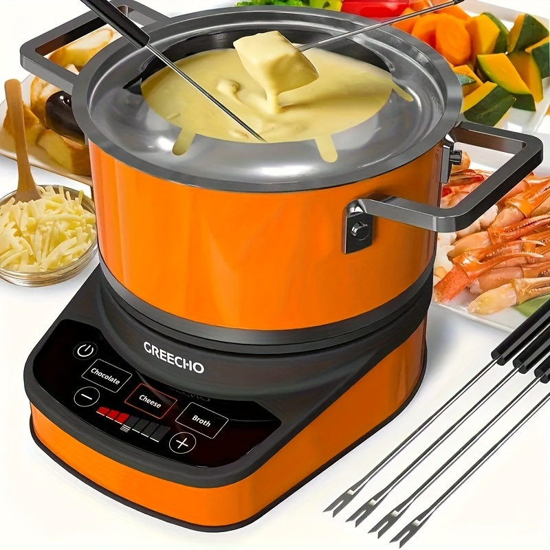 

Electric Fondue Pot Stainless Steel, Large Capacity Cheese Chocolate Melter With Temperature Control For Dessert Hot Pot, 1200w Fondue Pot Kit With & 6 Color Forks, Orange