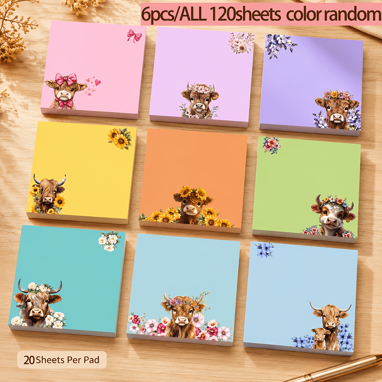 TEMU Lot de 6/AU TOTAL 120 Feuilles, Couleurs Aléatoires, Blocs-notes Mignons Vache Highland, Notes Autocollantes 7,6 x 7,6 cm pour Agenda, Journal,