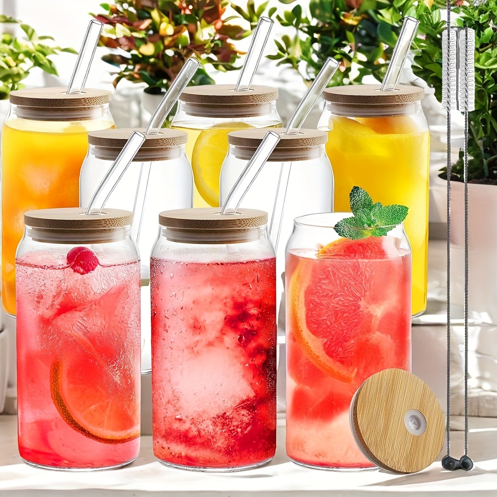 TEMU 8pcs Glass Cup Set, Glass Cup With Perforated Bamboo Cover, Reusable Drinking Cup, Suitable For Iced Tea, Juice, Milk, Coffee, Sunny Lemonade, And Preparing For Party ! Gift Straw Cleaning Brush