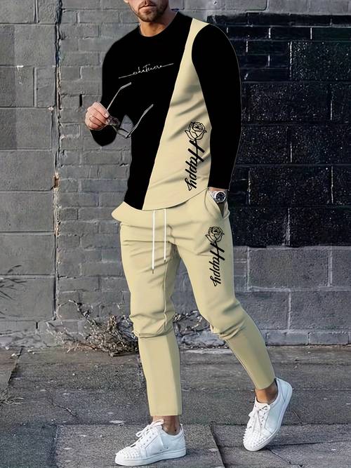 mens outfit color block rose graphic crew neck long sleeve t shirt drawstring joggers 2 piece set for fall winter outdoor activities