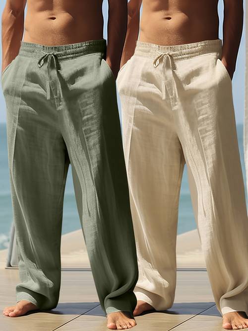 2pcs mens casual straight leg pants lightweight breathable linen fabric textured grip with elastic drawstring waist side pockets summer vacations white beige comfortable casual wear solid color non transparent