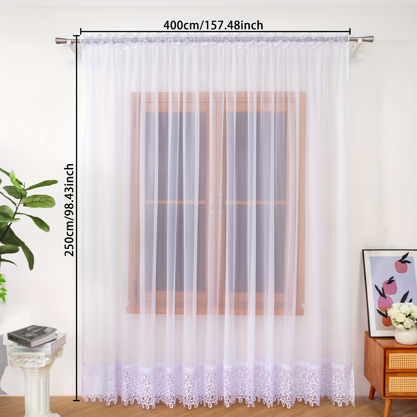 1 Panel Sheer Curtain, 100x250cm/200x250cm/400x250cm, Semi-transparent Polyester With Embroidered Lace Hem, 6cm Pleated Tape Rod And Clip Hanging, Room Window Drapes