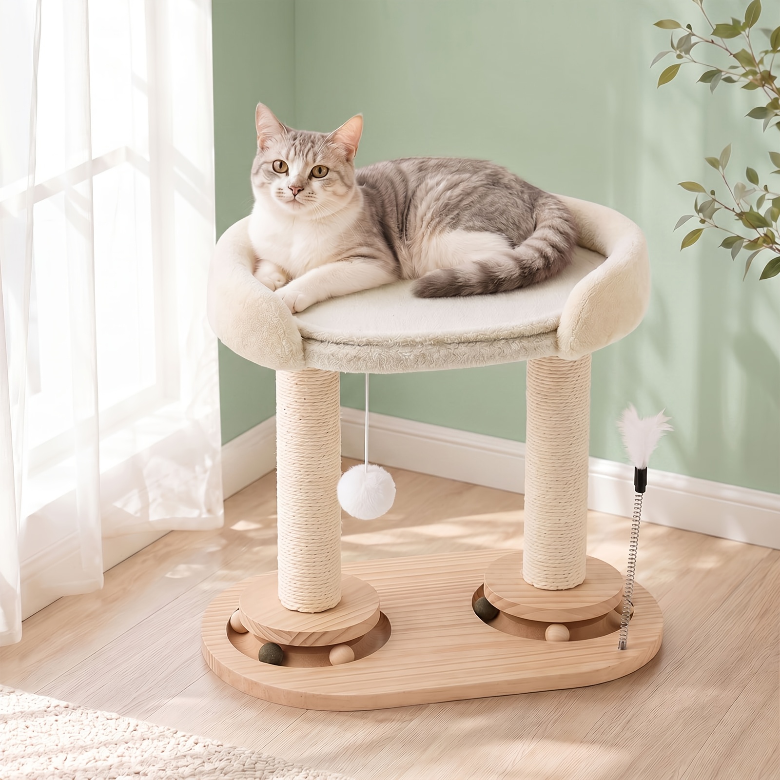 Image of Cat Tree With Bed, Beige Dual-sided Cushion (cool Mat And Plush), Support, Pine Wood And Sisal Scratching Posts, Indoor Cat Resting Playground