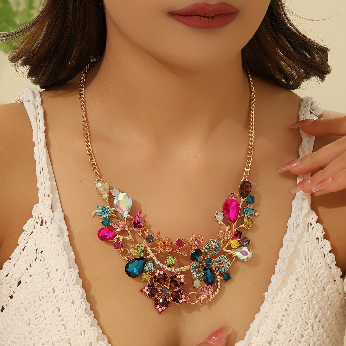 

1pc Bohemian Fashion Lively Sweet Style Colorful Flower Rhinestone Short Clavicle Necklace, Cute Casual Women Daily Decor, Vacation Party Wear Special Jewelry Decoration