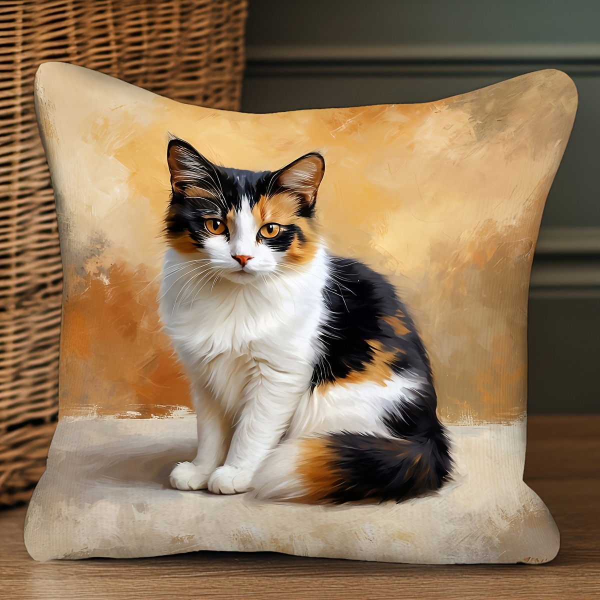 TEMU 1pc Calico Cat Plush Pillow Cover - 18x18 Inch (45.72x45.72cm), Country-style, Machine Washable, Double-sided Print, Decorative Accent For Sofa,