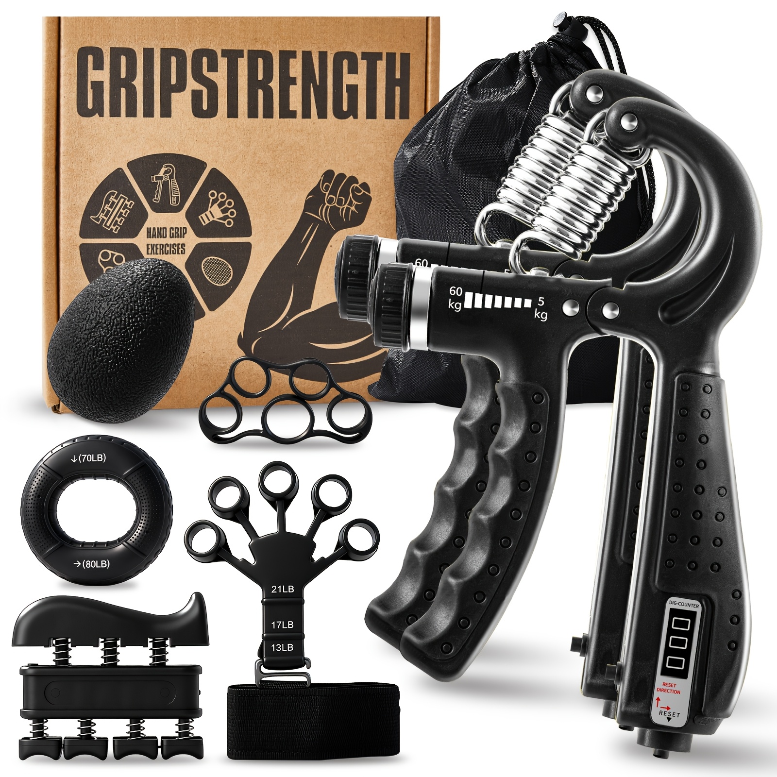 Image of 7pcs Grip Strength Trainer Kit, 2 Adjustable Forearm Resistance Grips, Finger Stretchers, , Hand Squeeze Ball, Finger Exercises, User Manual, Suitable For Hand Training, Suitable For Everyone