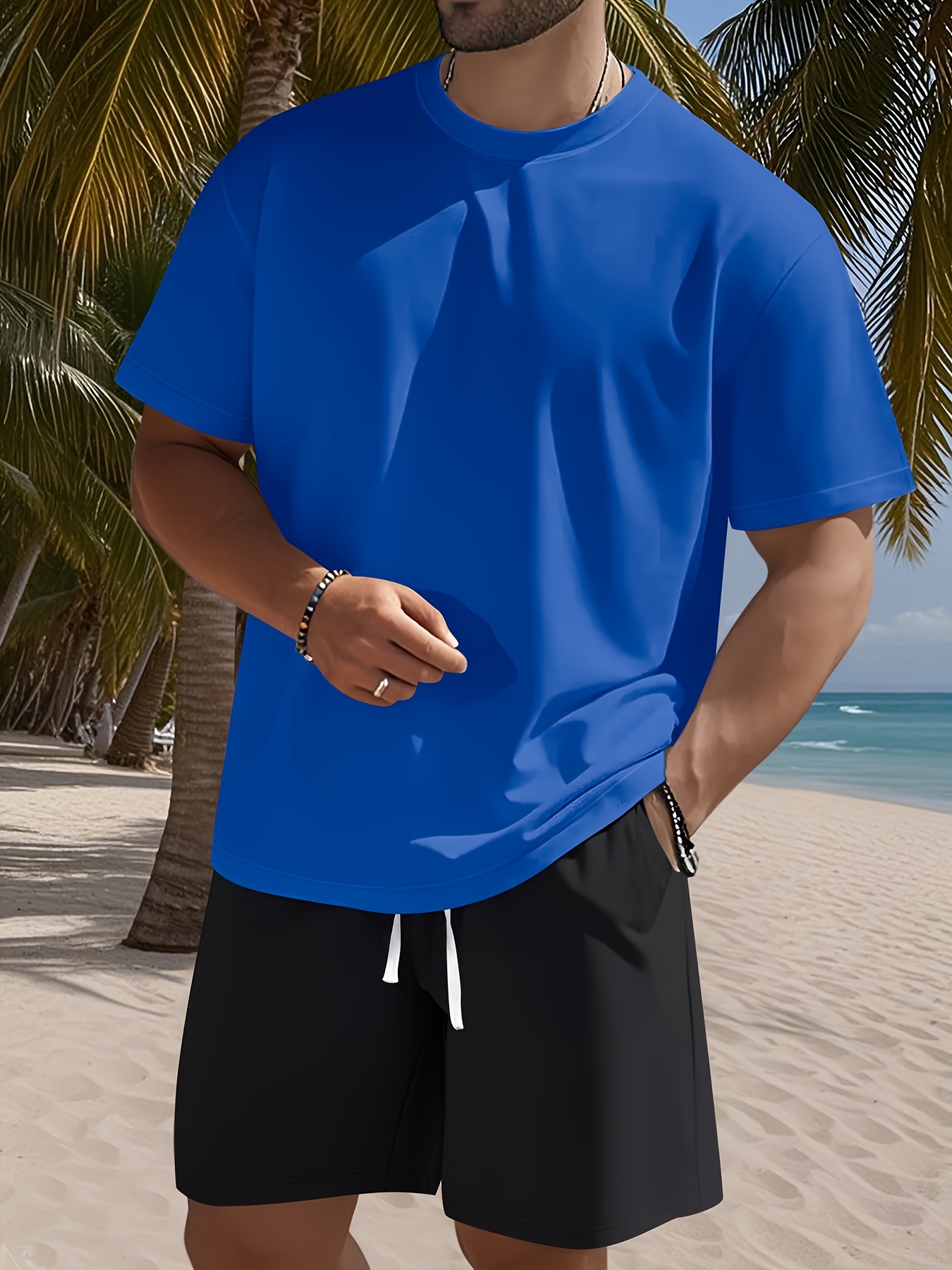 Men's Set, Solid Color Crew Neck Knit T-Shirt with Drawstring Cotton Shorts, Slightly Stretchy Fabric, Comfortable and Breathable, Perfect for Spring/Summer Outdoor Leisure and Sports, Keeps You Light and Carefree