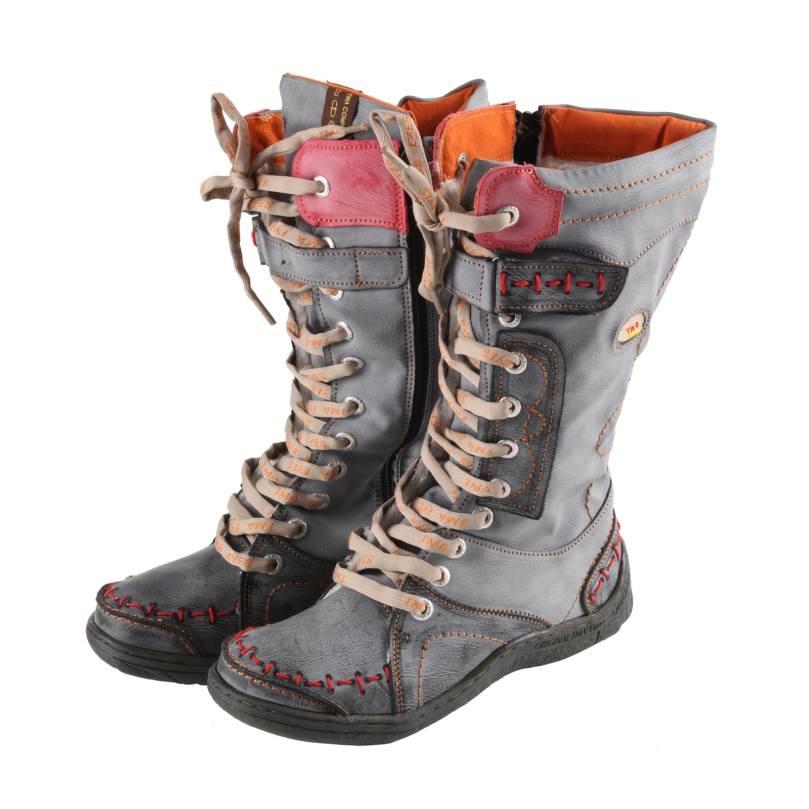 TMA EYES Winter Vintage Color-Block Warm Anti-Slip Distressed Style Lace-Up Side Zipper Casual Boots, Soft Sole Comfortable Flat Versatile Mid-Calf Boots, Women Shoes