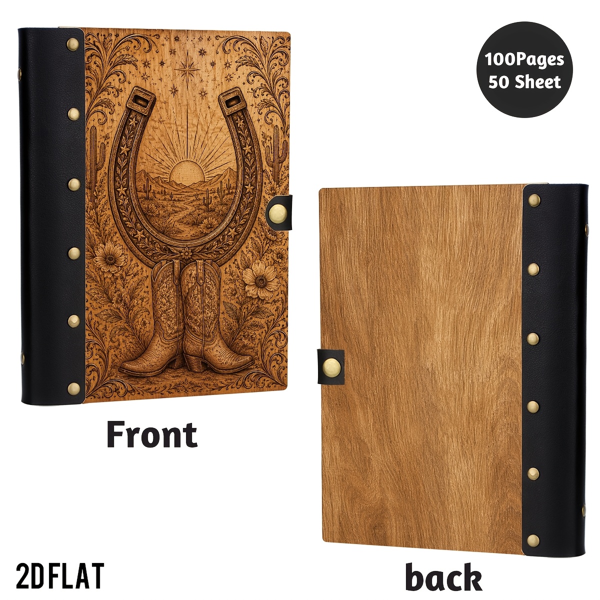 TEMU 1pc Western Horseshoe Wooden Hardcover Notebook, Adventure Quote Journal, Ideal For And Outdoor Lovers, Rustic And Stylish, 100 Pages.