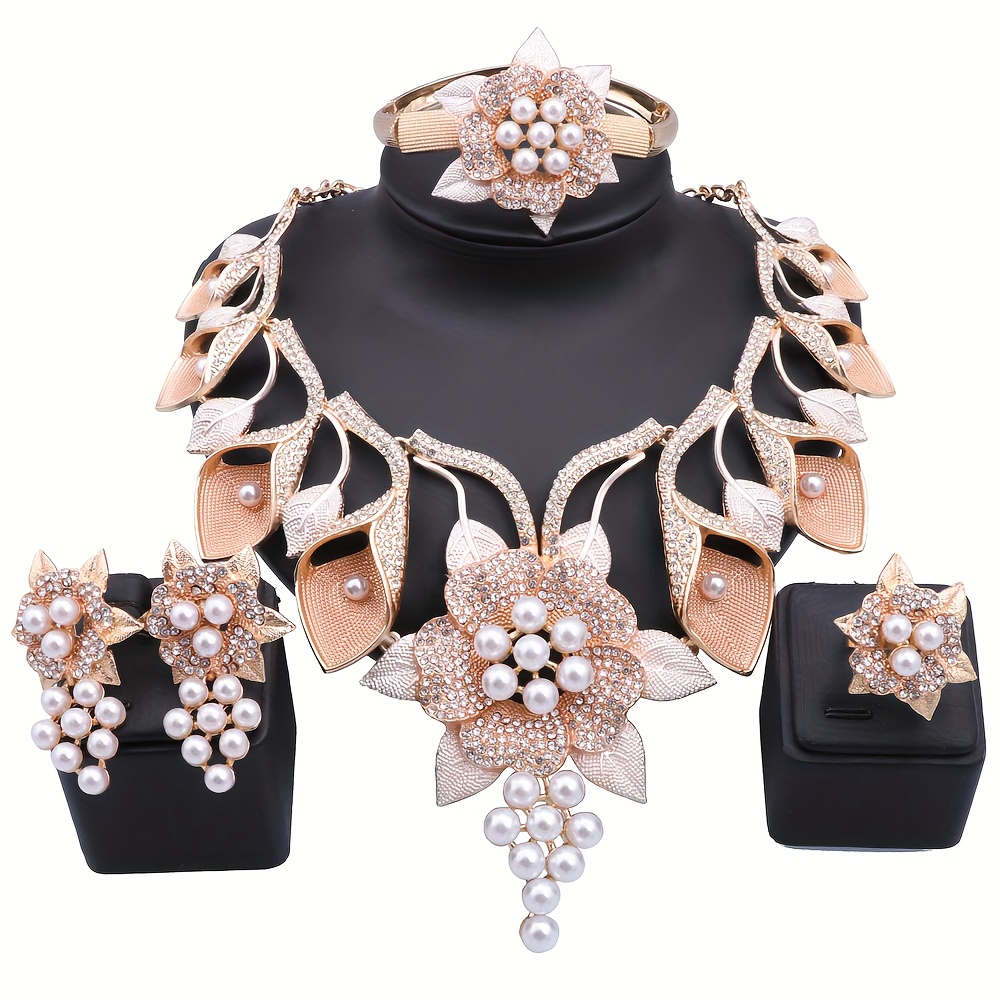 Artificial Crystal Pearl Statement Necklace Earrings Bracelet and Ring Set 18K Gold Plated Synthetic Birthstone Jewelry Se