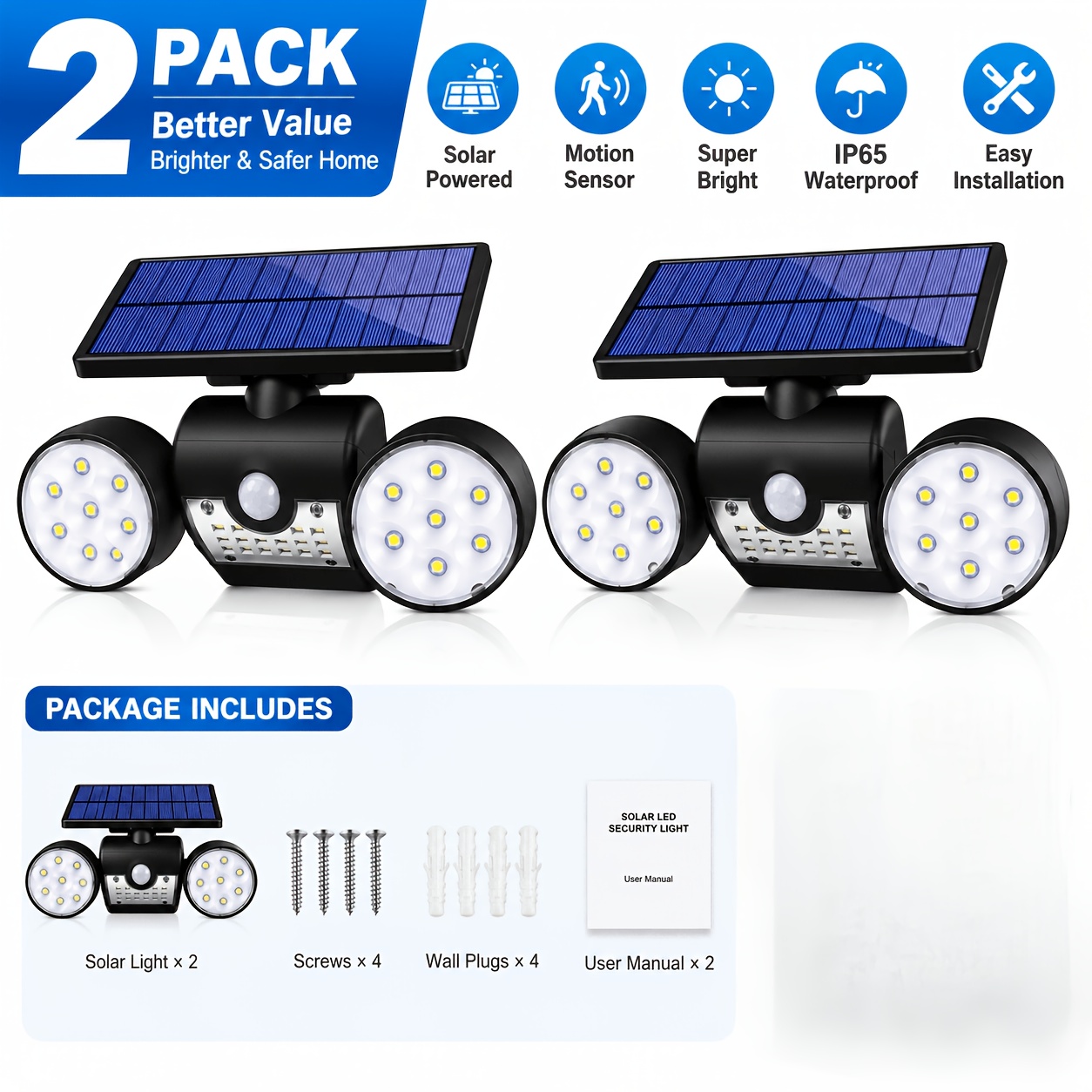 TEMU Solar Outdoor Lights Motion Sensor Security Flood Lights 3 Headsolar Powered Wall Light, Ip65 Waterproof, Wide Angle Spotlight With 2 For Yard,