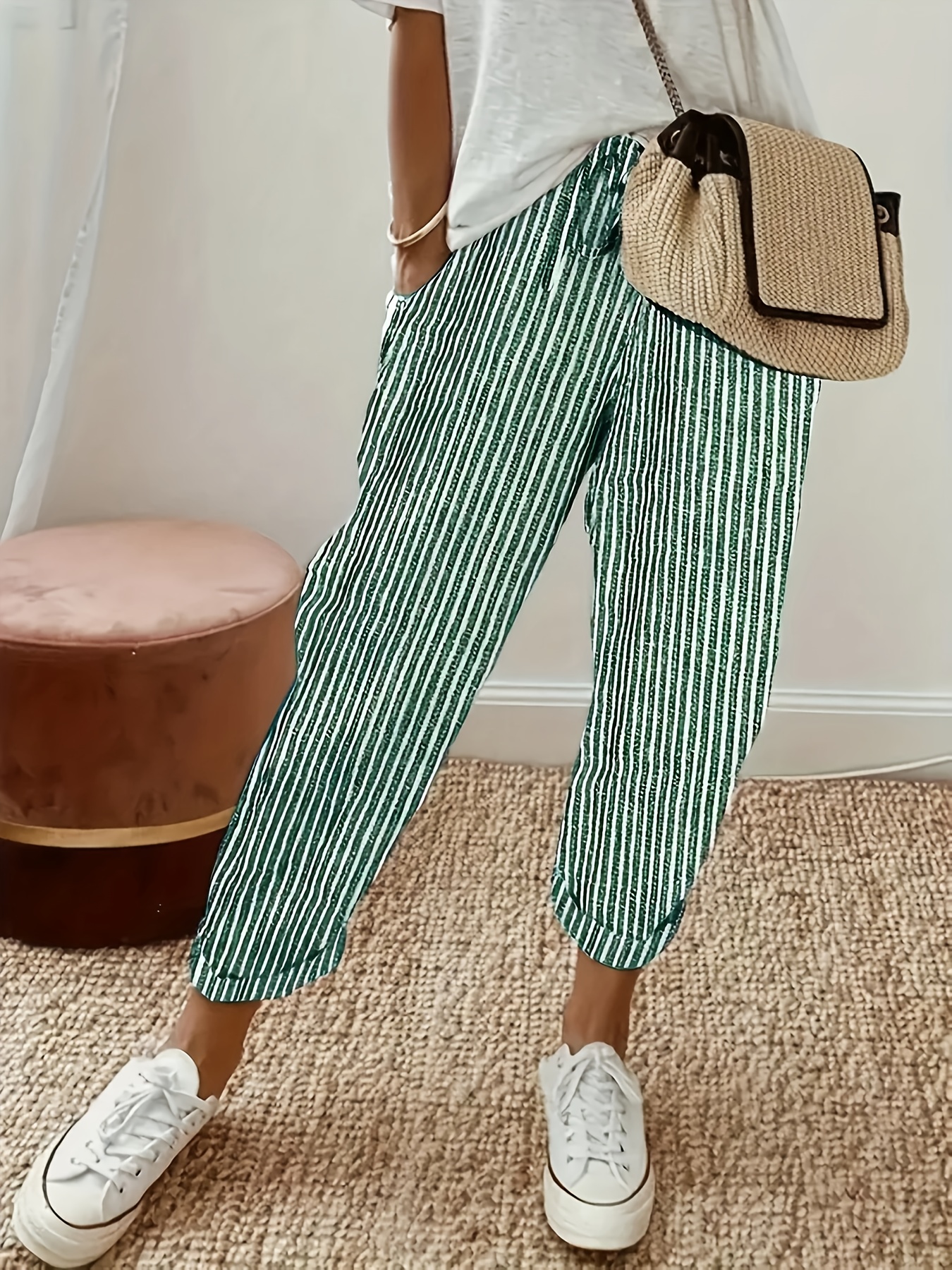 womens striped wide leg casual pants high waisted lightweight polyester machine washable     with side stripe detail details 16