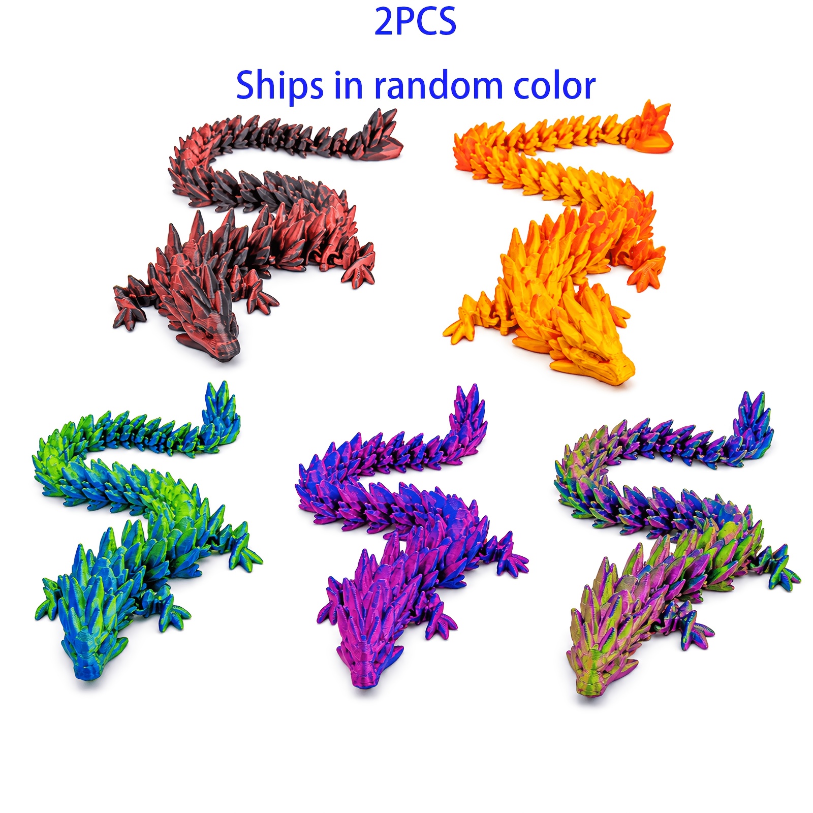 TEMU 2 Stück Weiche, flexible 3D-gedruckte -Drachen-Modelle, proportionale, biegsame Körpergelenk-Ornamente, lange, bewegliche Form, zufällige Farbe,