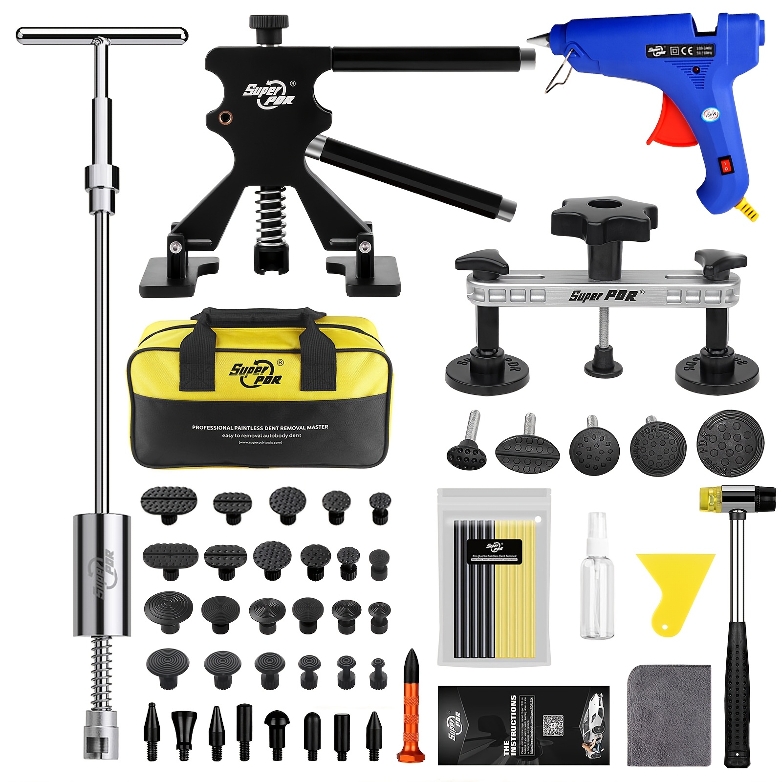 Image of Professional Paintless Dent Repair Kit - 86pcs Complete Set With Metal Puller, 2-in-1 Slide Hammer And Glue Gun For Car Door , Hail Damage, Small And Large Dents - Eu Plug