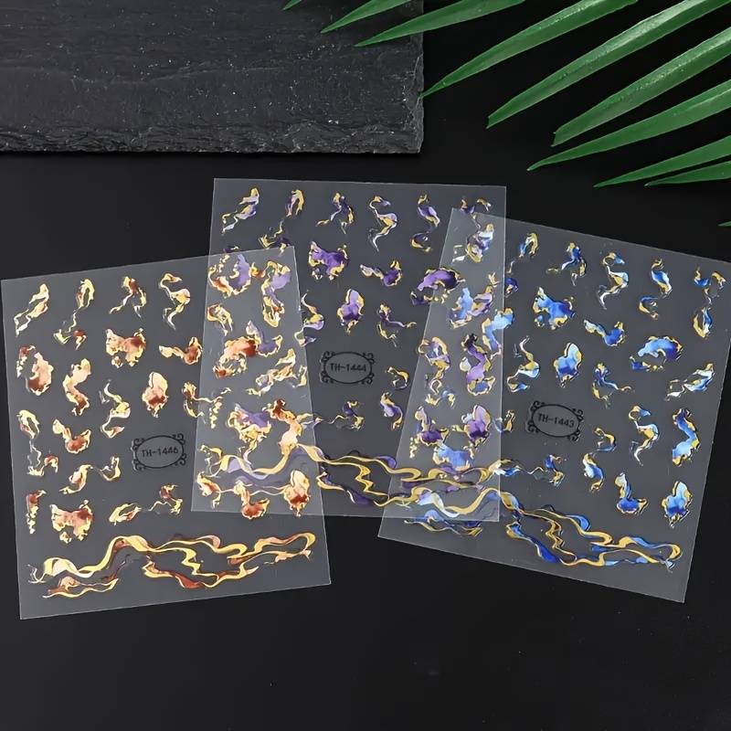 Marble Nail Art Stickers – Self-Adhesive, Colorful Waves In Blue, Purple, Brown, Gold – 8.5x10cm Sheet