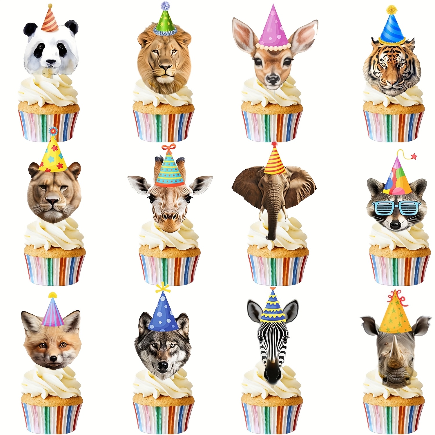 24pcs Animals Party Cupcake Toppers, Jungle Cake Toppers Decorations Jungle Supplies Wild Animals Birthday Baby Shower Party Favors