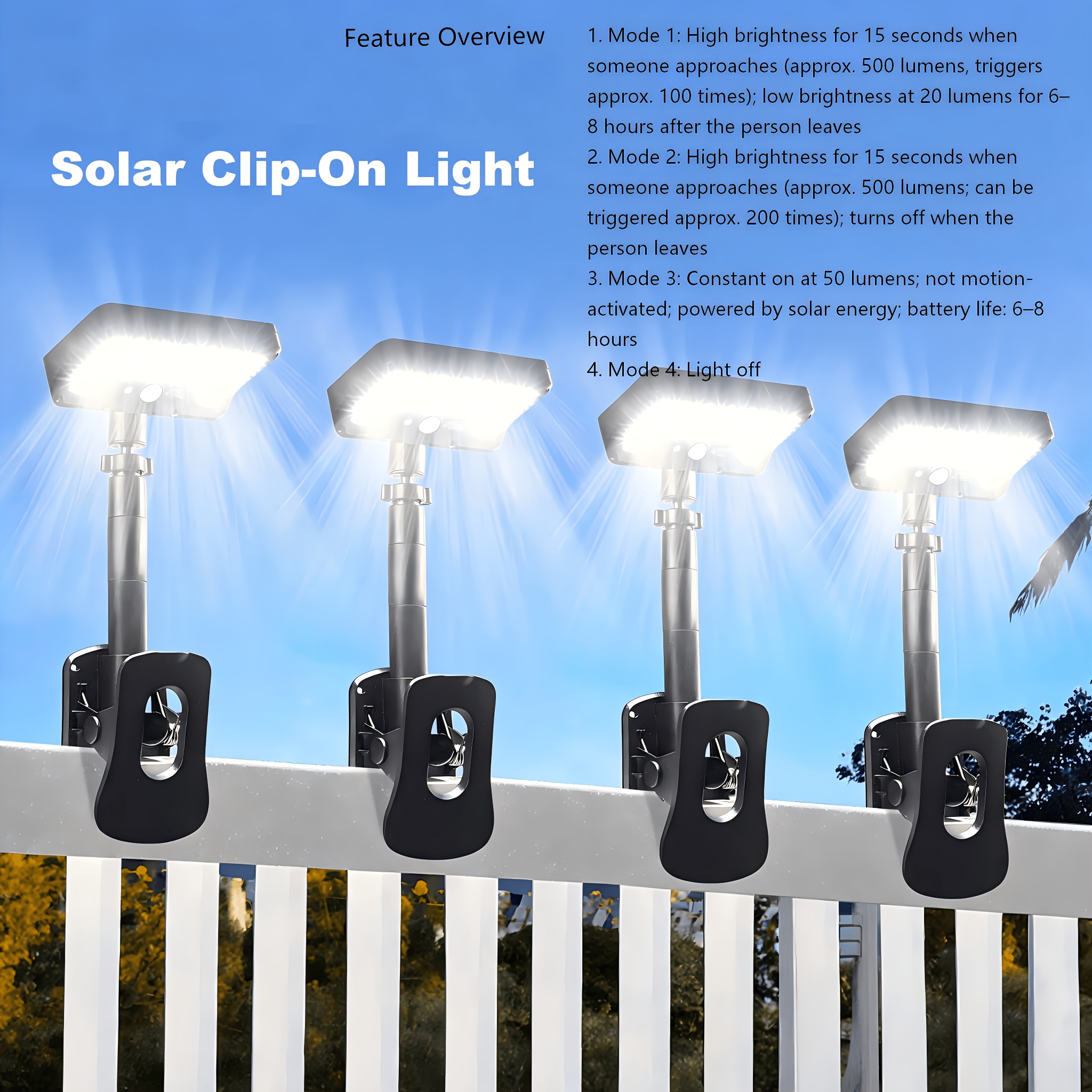 TEMU 4 Pack Clip On Motion Solar Lights Outdoor, 360°rotatable Fence Lights (7000k), 92 Leds, , Usb & Solar Powered, Pir Motion Sensor, 3 Light ,