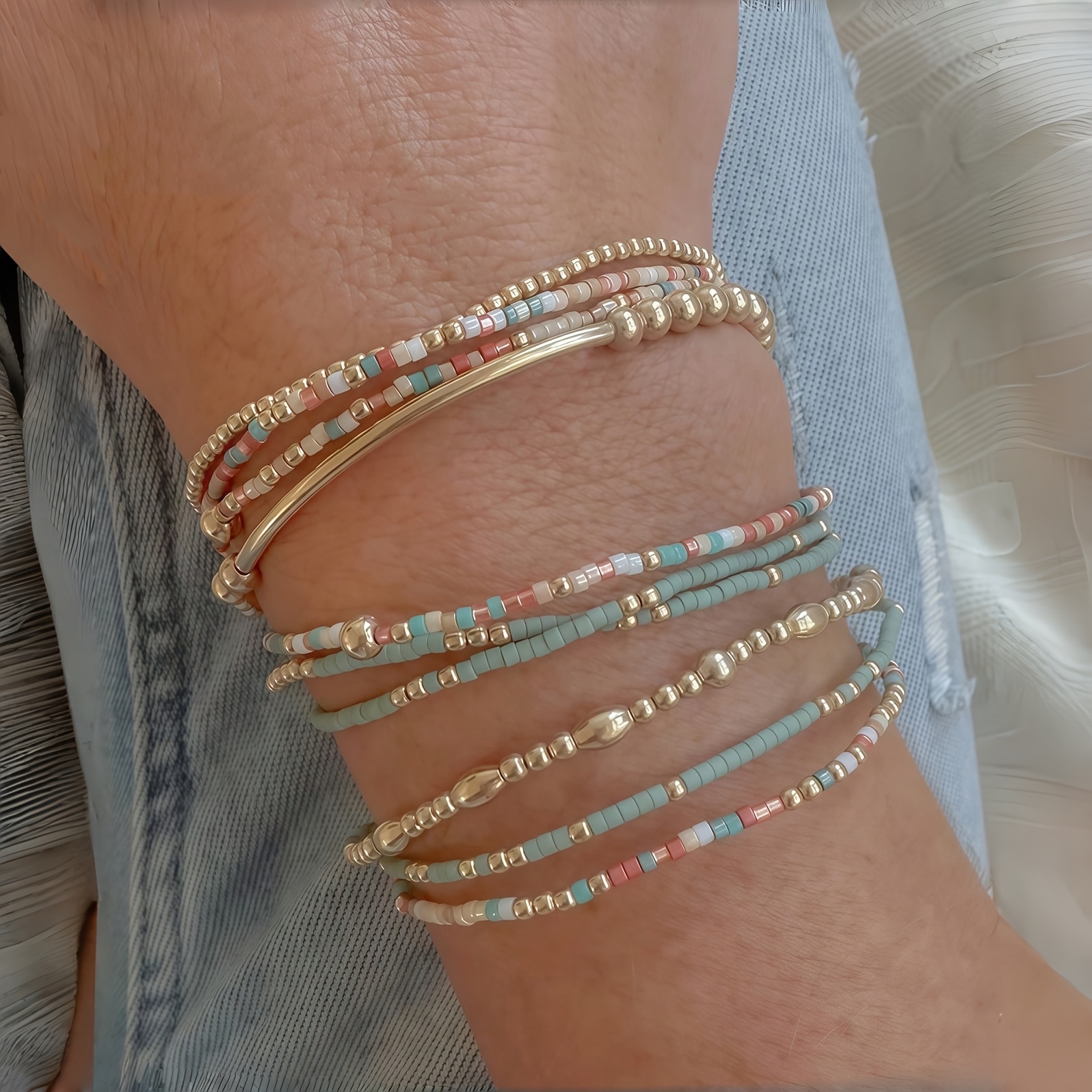 TEMU 10pcs Set Ccb Plastic Glass Seed Bead Handmade Positioning Beaded Bracelet Set, Gentle Tone Multicolor Beaded Bracelet Set, Golden-tone Thin