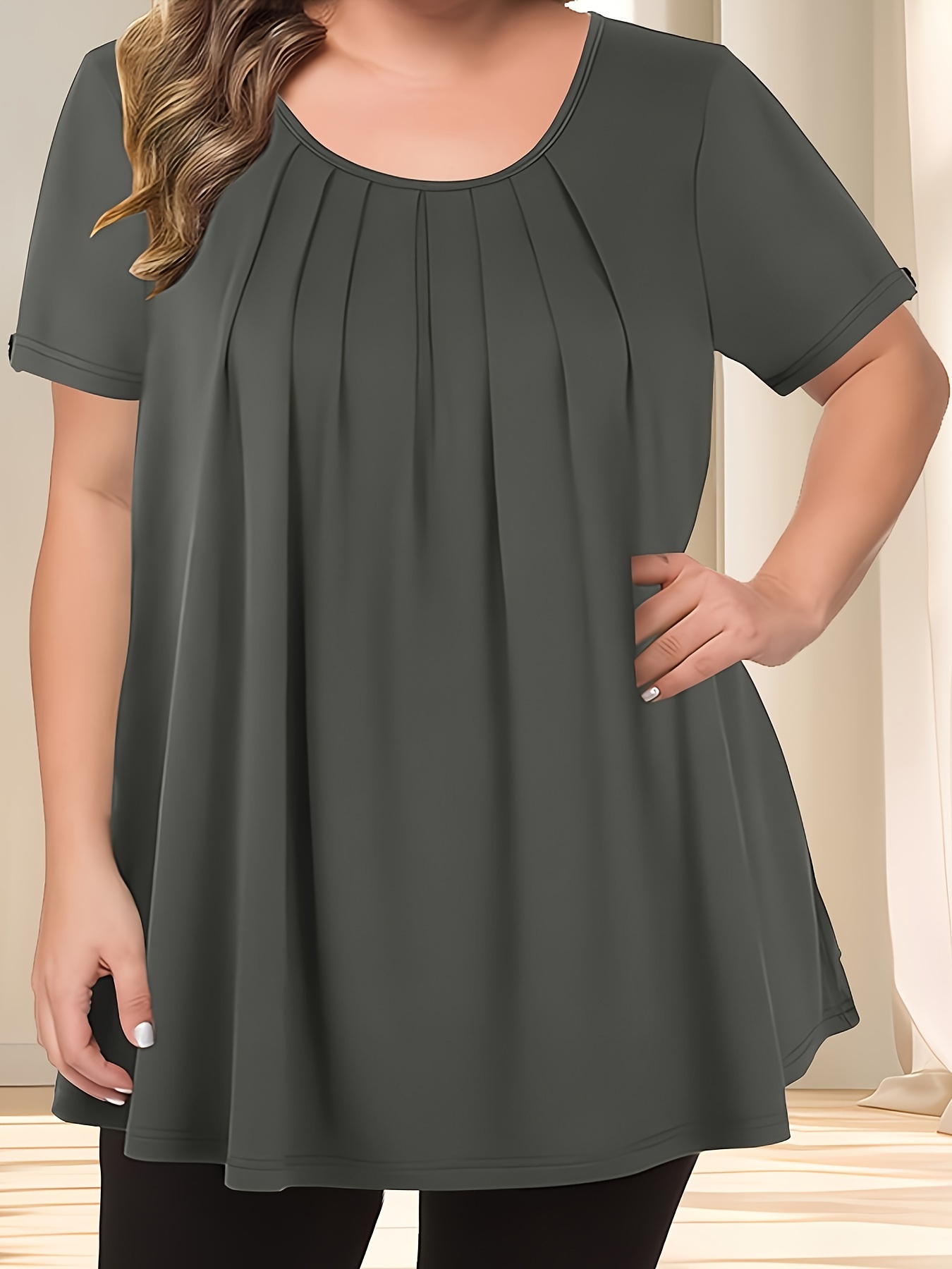 Women'S Casual Crew Neck Short Sleeve Blouse, Solid Color Plus Size, Lightweight Polyester with Subtle Stretch, Flared Hem, Spring/Summer Fashion Top, Casual Wear Blouse | Elegant Plus Size | Simple Eleganc