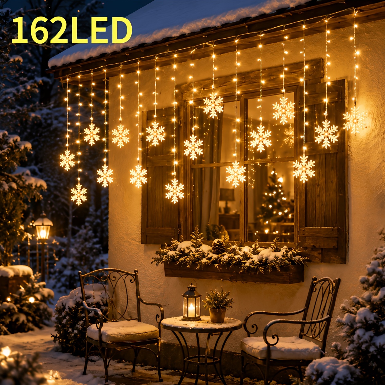 TEMU Solar Snowflake Christmas Ice Waterfall Light Outdoor, 162 Led Christmas Curtain String Lights, 8 Automatic Night On, Suitable For Roof , Porch,
