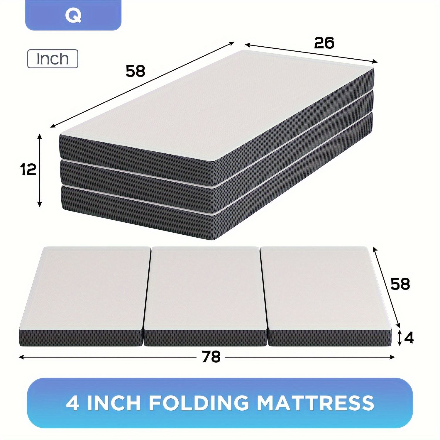 TEMU 4 Inch Tri Fold Folding Mattress Memory Foam Mattress Topper Portable Foldable Mattress Topper For Camping, Guest, Floor Rv, Certified, With Washable Cover,