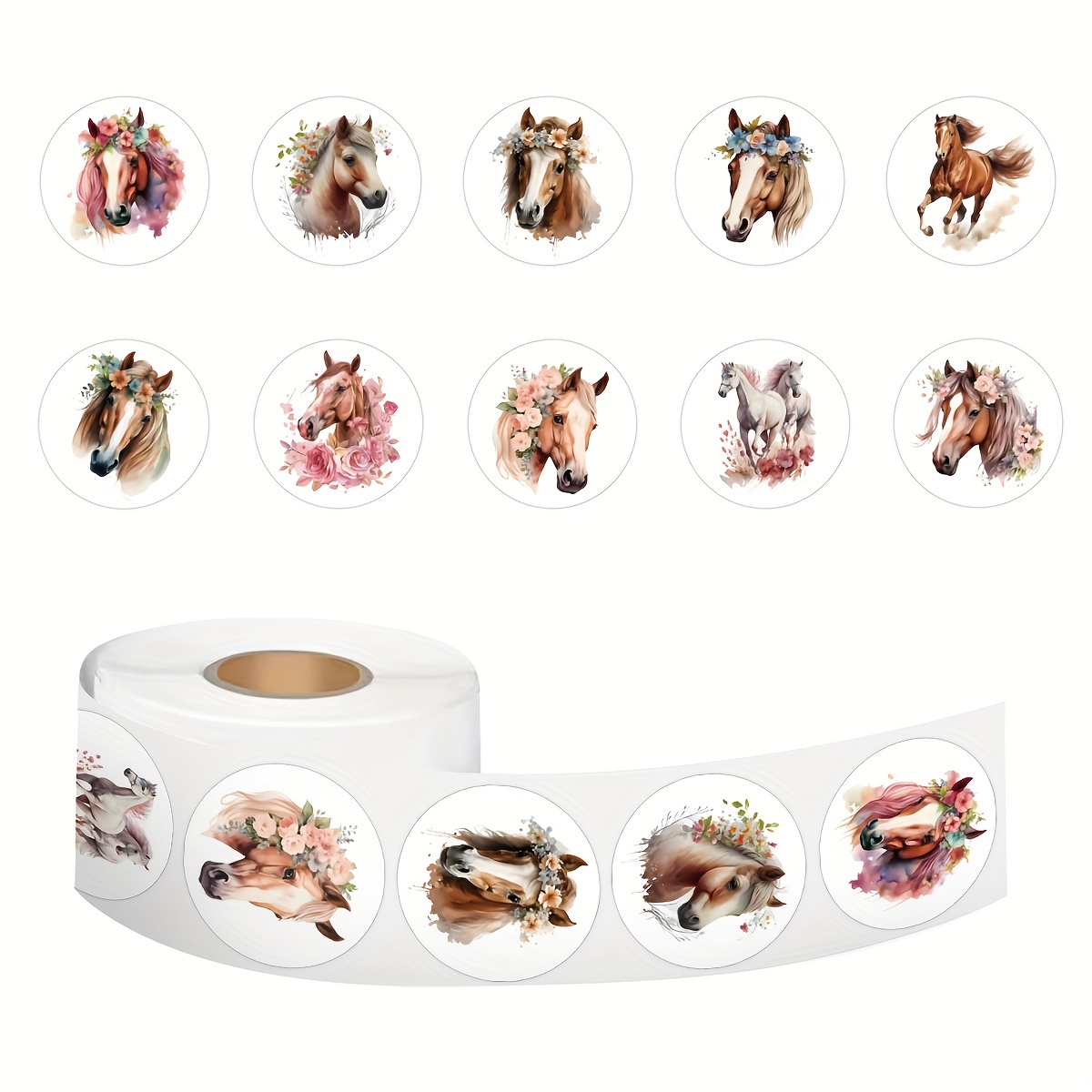 

500pcs Horse-themed Stickers Roll, Animal Picture Paper Labels, English Text For Scrapbooking, Journal Decoration, Laptop, Phone, Water Bottle Crafting