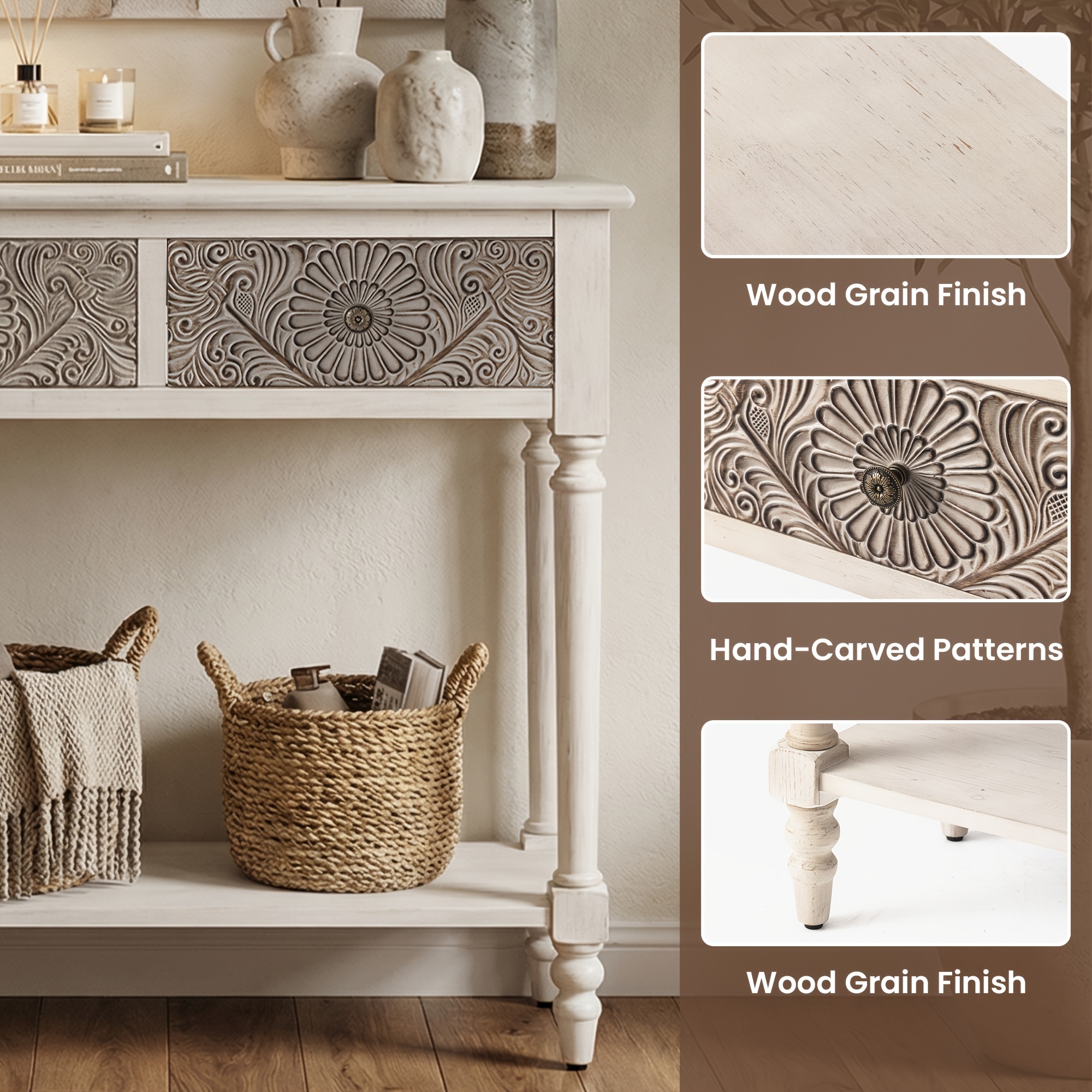 Carved MDF Console Table with 2 Drawers, Sunflower Vintage End Entryway Table for Hallway, Living Room - Antique Style Sofa Table with Floral Engraving, Rustic Accent Furniture