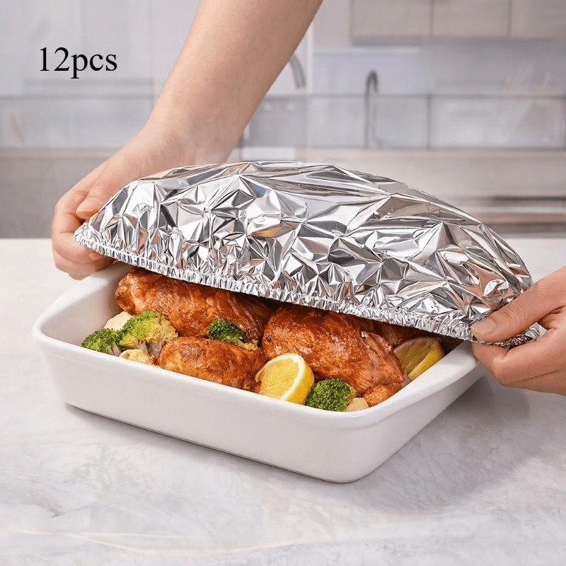 TEMU 12pcs Heavy Foil Food Cover Plates, Reusable Food-grade Material, Heat-resistant And Adjustable Design, Smooth Reflective Surface, Suitable For