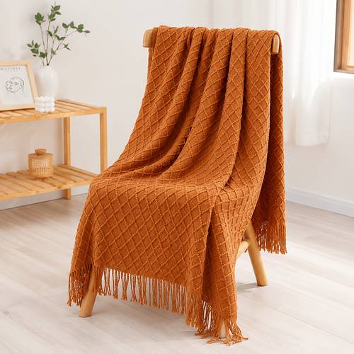 Boho French Style Caramel Tassel Throw Blanket - Suitable for - Soft Warm Grid Bedspread, Fruit-Themed Decorative Blanket Suitable for Couch, Bed, Chair, Living Room Decor for Home