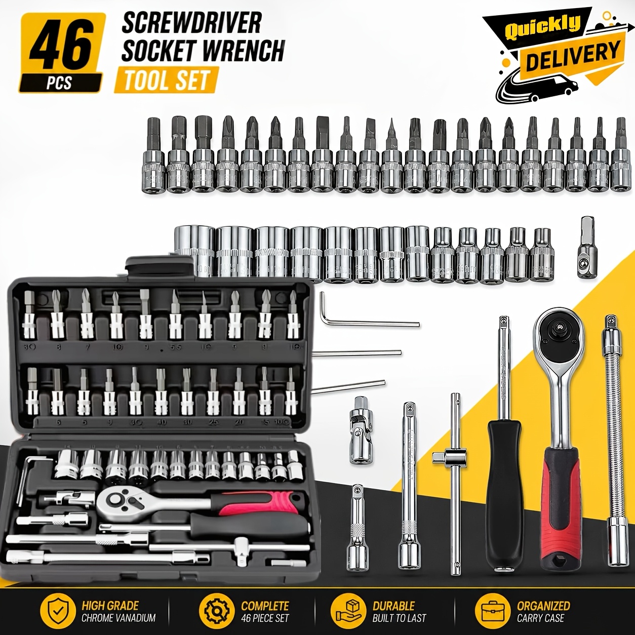 TEMU Jeu d'outils de réparation automobile 46/52+1/215+1 pièce, clé à cliquet, embouts de tournevis à douille métrique, incluant un ensemble d'outils