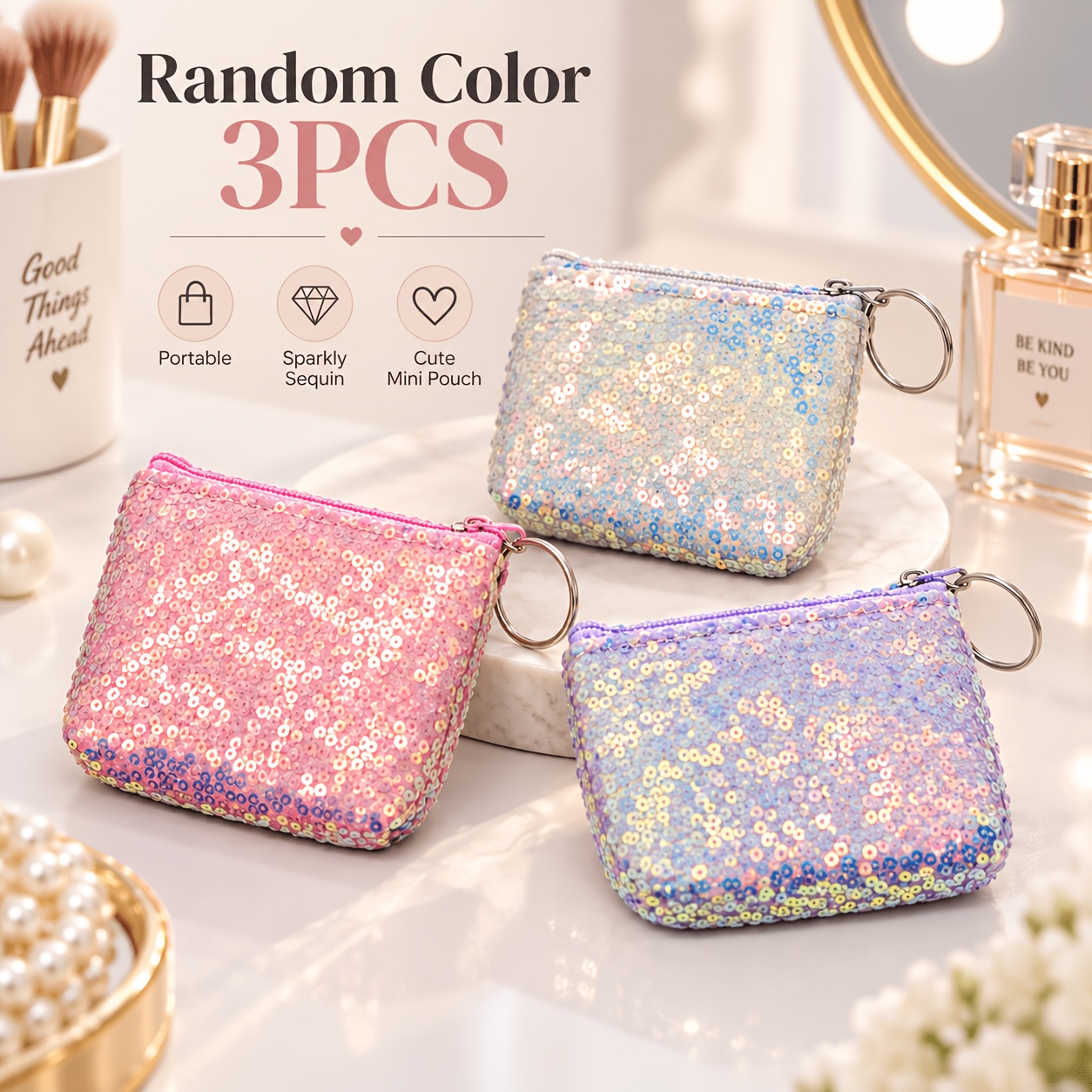 TEMU Set di 3 portamonete a forma di con glitter e paillettes, con portachiavi, piccoli sacchetti con cerniera scintillanti per monete, mini