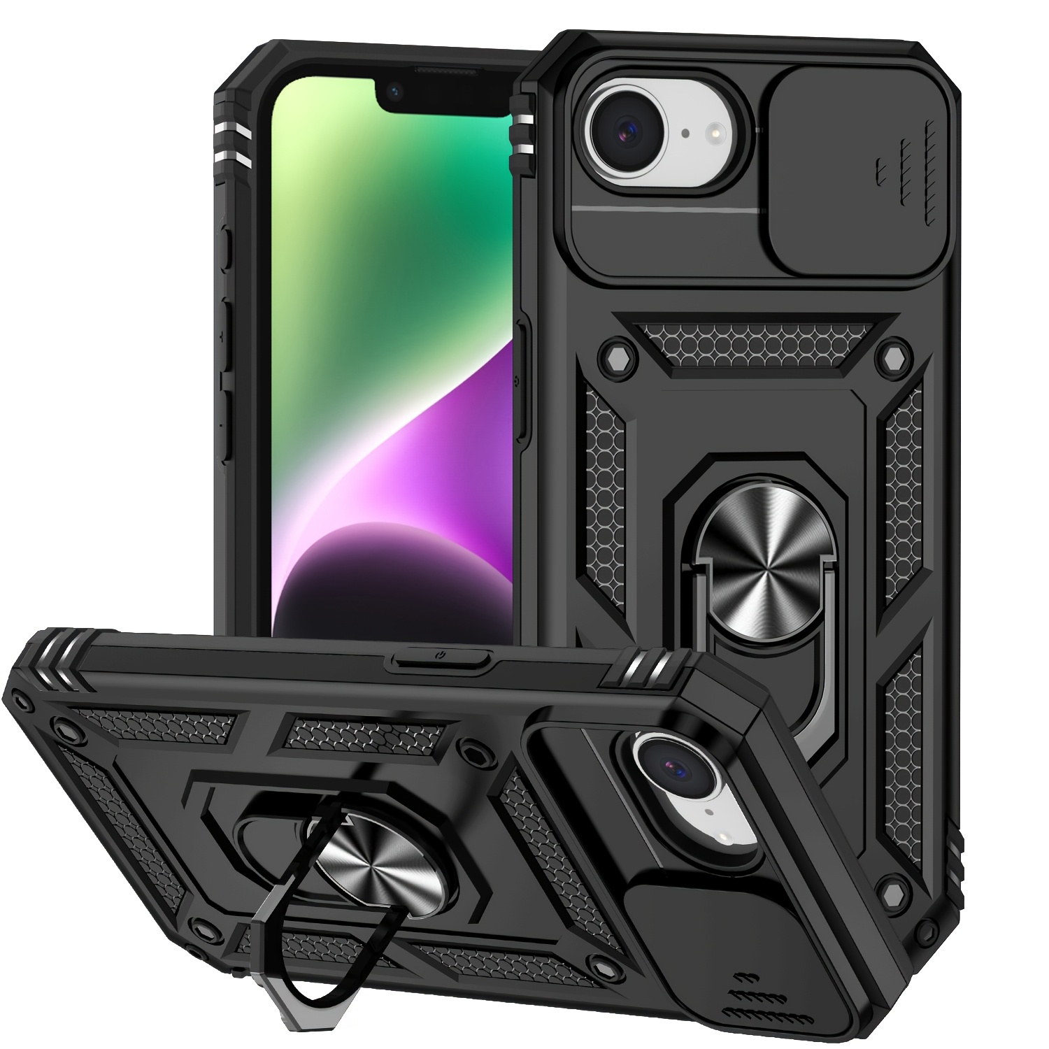 TEMU Phone Case: For Iphone 16e 2025 Armor Case With Sliding Camera Cover And Magnetic Ring Holder, Shock-proof Case