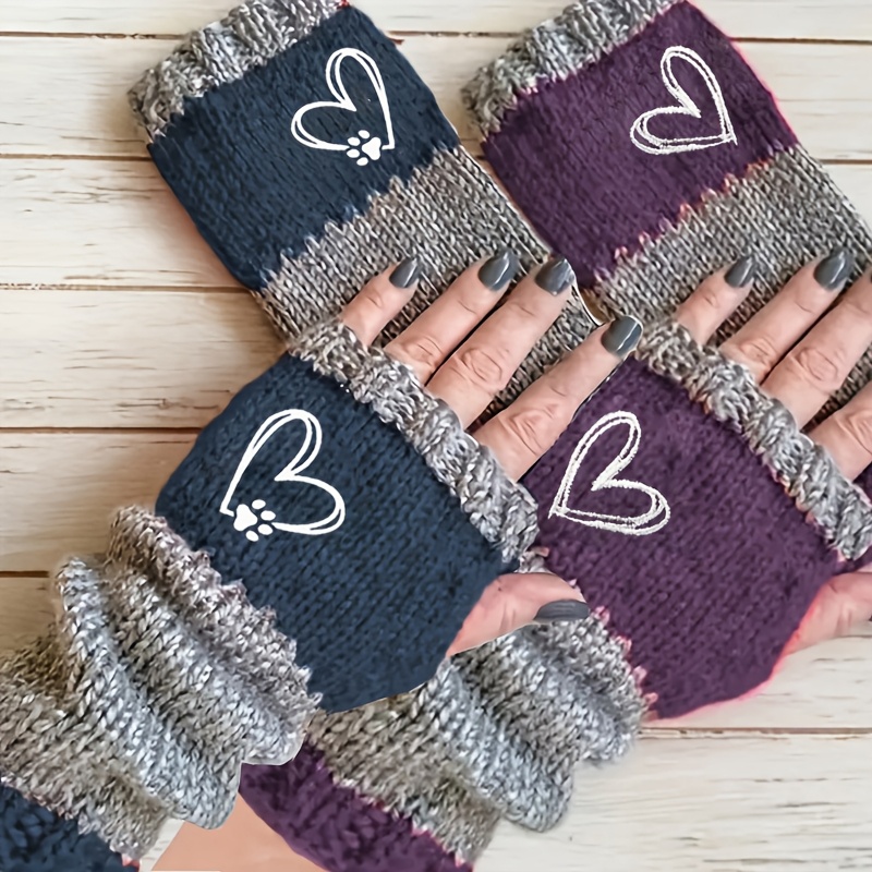 TEMU Lot de 2 paires de mitaines doigts brodées cœur + griffe de cœur, chaudes pour l'extérieur, automne/hiver
