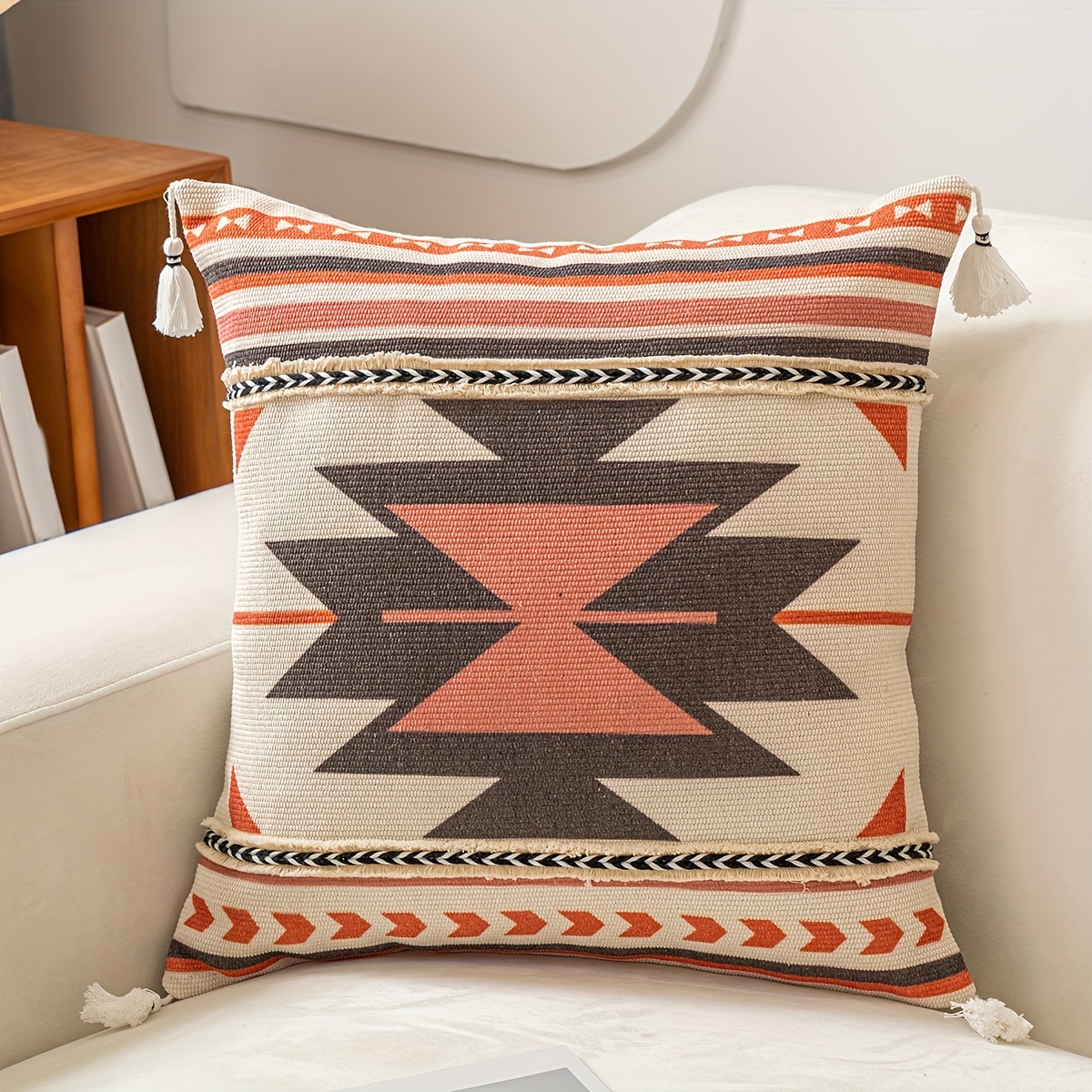 TEMU [ ] 1 de almohada estilo local, de cojín bohemio, geométrico cuadrado con decoración colgante, de almohada decorativa para sofá, decoración para