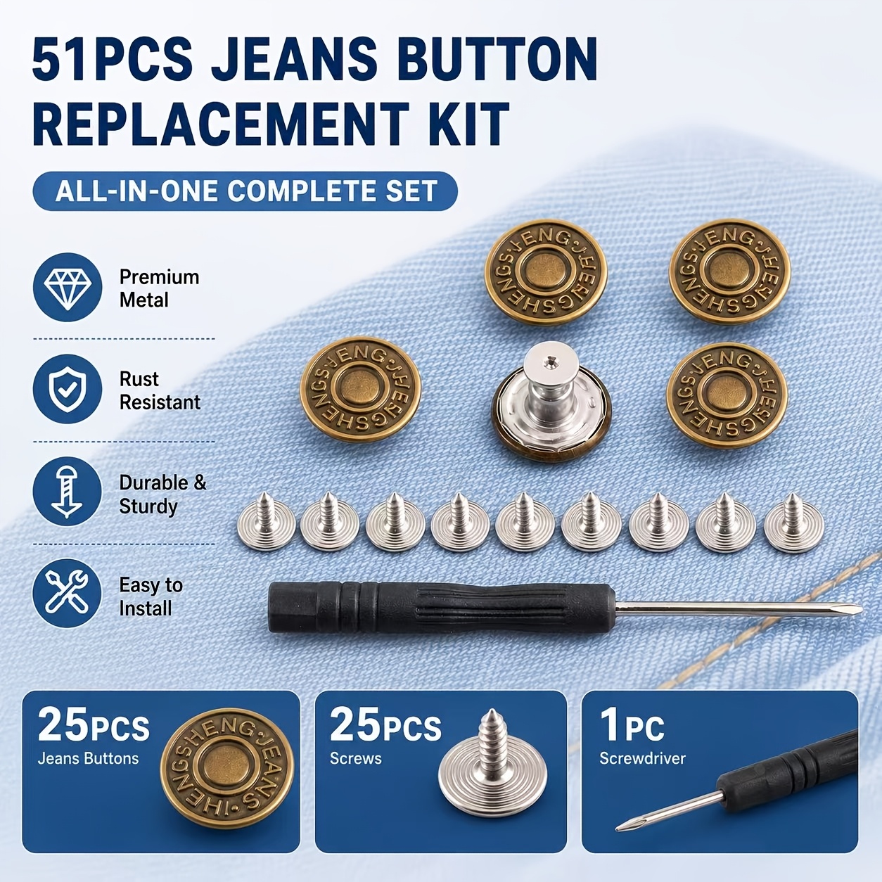 TEMU 51pcs, Including 25pcs Buttons, 25pcs Screws And 1pc Screwdriver. Are Jeans Buttons, Adjustable, Removable And Seamless Metal Buttons For