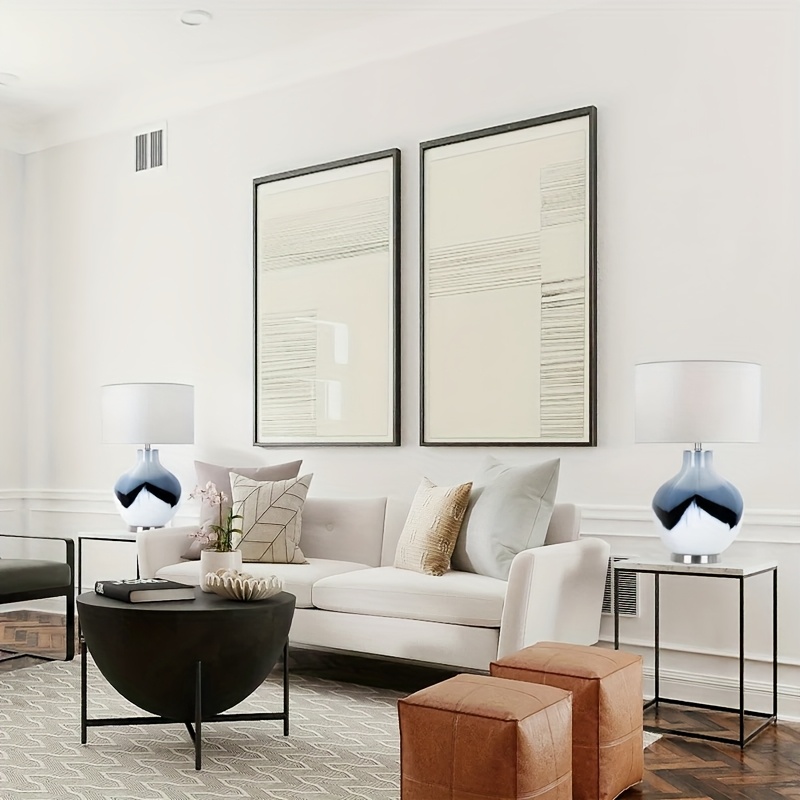 Large Ceramic Bedside Table Lamp, Ceramic Living Room Lamp, White  Ink Bedside Lamp with Round Linen Lampshade, Modern Bedroom Lamp