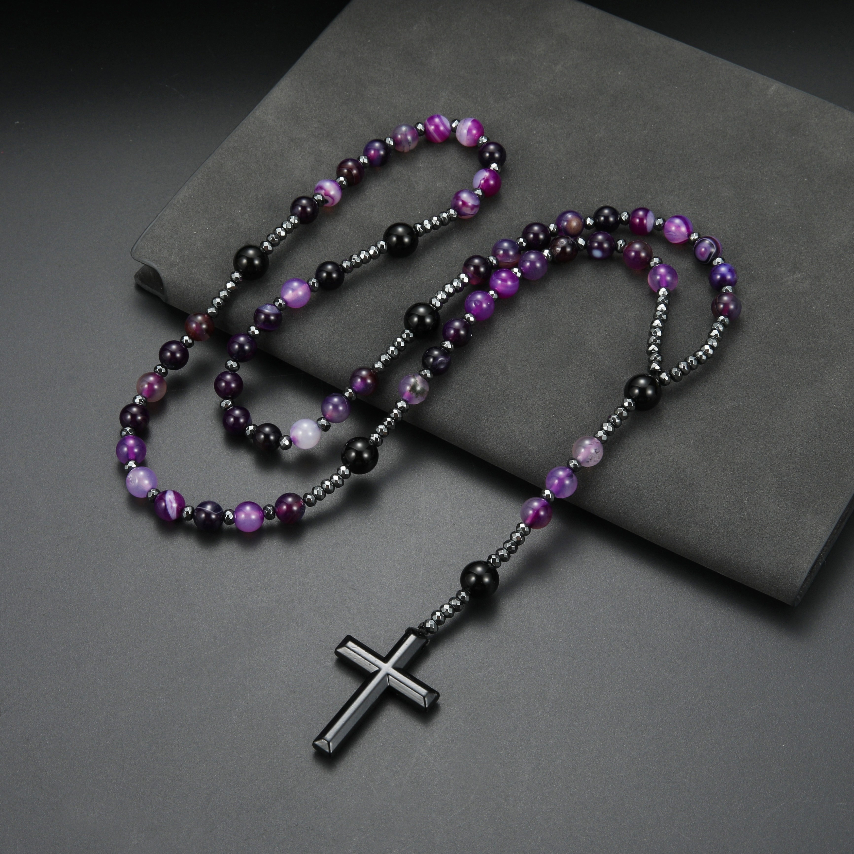 Image of 8mm Natural & Black Onyx Cross Pendant Necklace - Elegant Unisex Long Chain Jewelry For , Durable Non-magnetic Design For Casual & Formal Wear, Quality