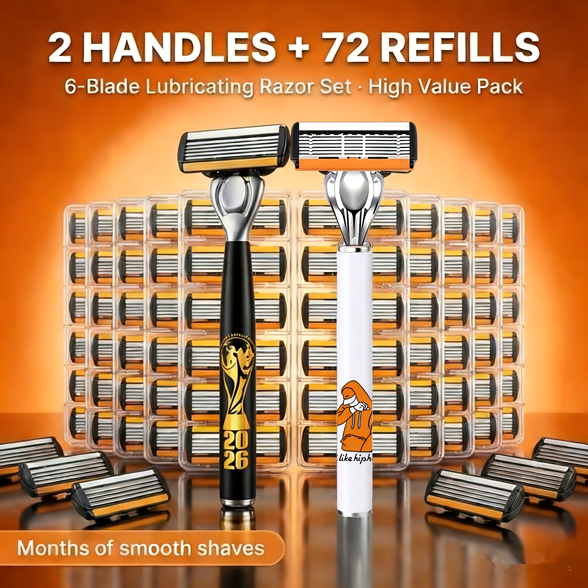 Image of 6-layer Blade Lubricating Razor Set, 2 Handles + 72 Replacement , High-value Large-capacity Packaging. Long- Shaving Experience, Whole Body Waterproof, Dry And Wet Use, Fits Facial