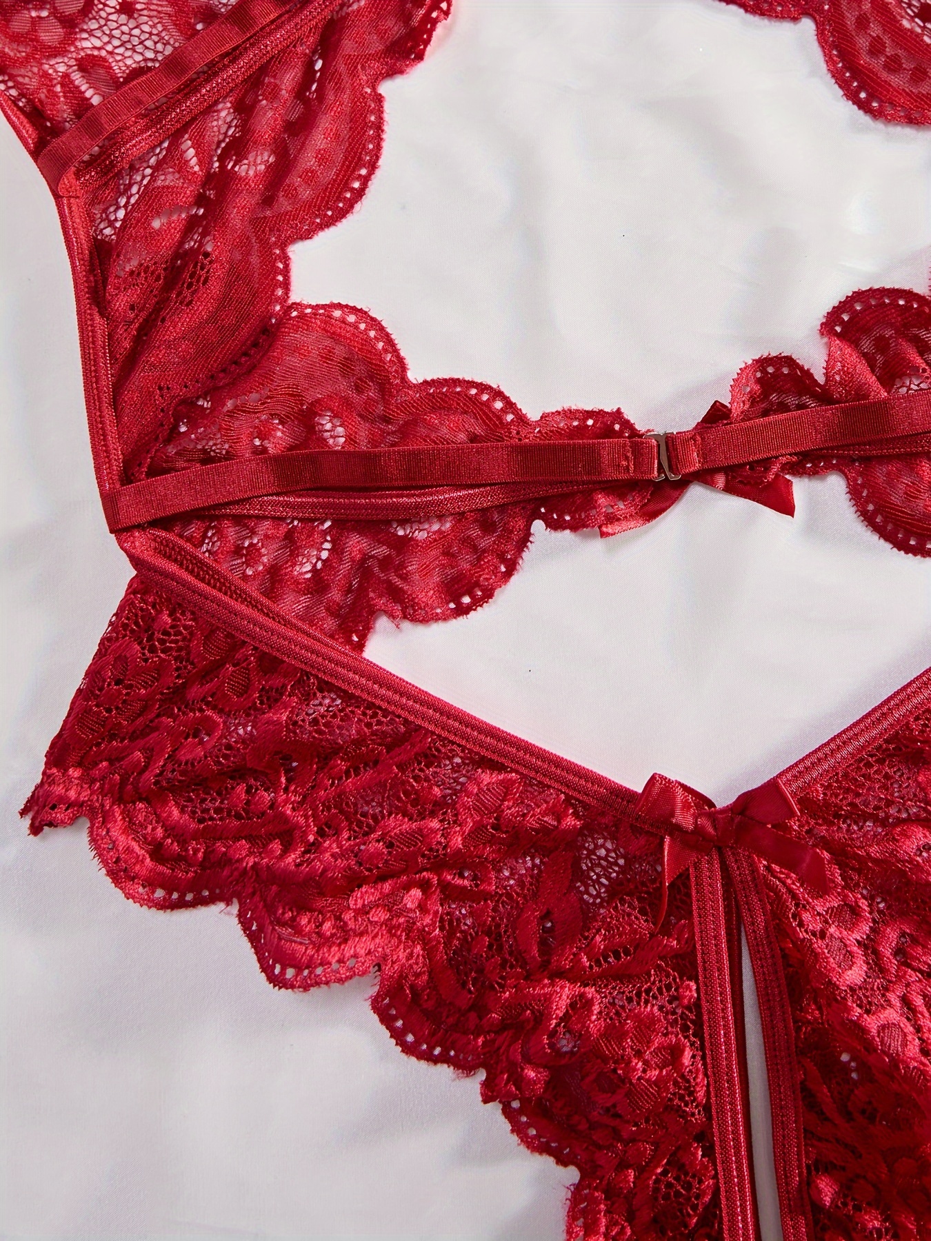 Red Lace Fishnet Crotchless Bodystocking with Satin Bow