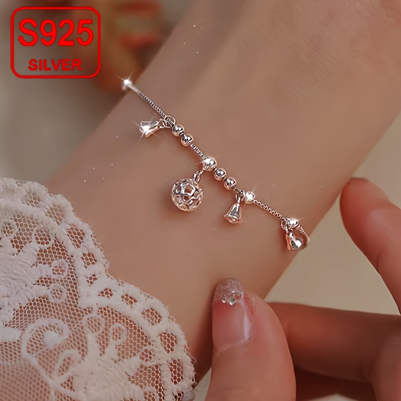 

Elegant 18k Golden Plated S925 Sterling Bracelet For Women, Fashion Simple Bell Round Ball Charm, Low Allergy Daily Wear Jewelry For Wedding Party Beach Holiday - Christmas & Thanksgiving Gift