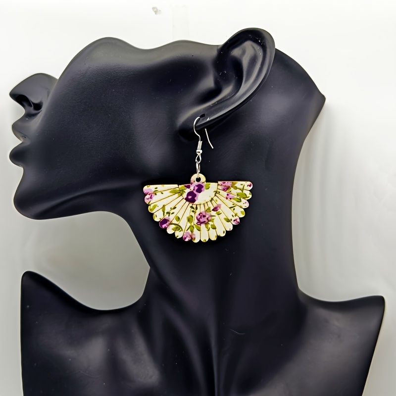 6-Pair Floral Print Acrylic Fan-Shaped Earrings Set