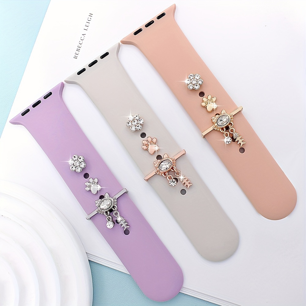 

3pcs Elegant Women's Watch Band Charms - Claw, Flower & Heart Designs In Rose Golden, Golden, And Purple - Cute Accents For Apple Watch Straps, Wearable Jewelry| Watch Decor| , Apple Watch Accessories