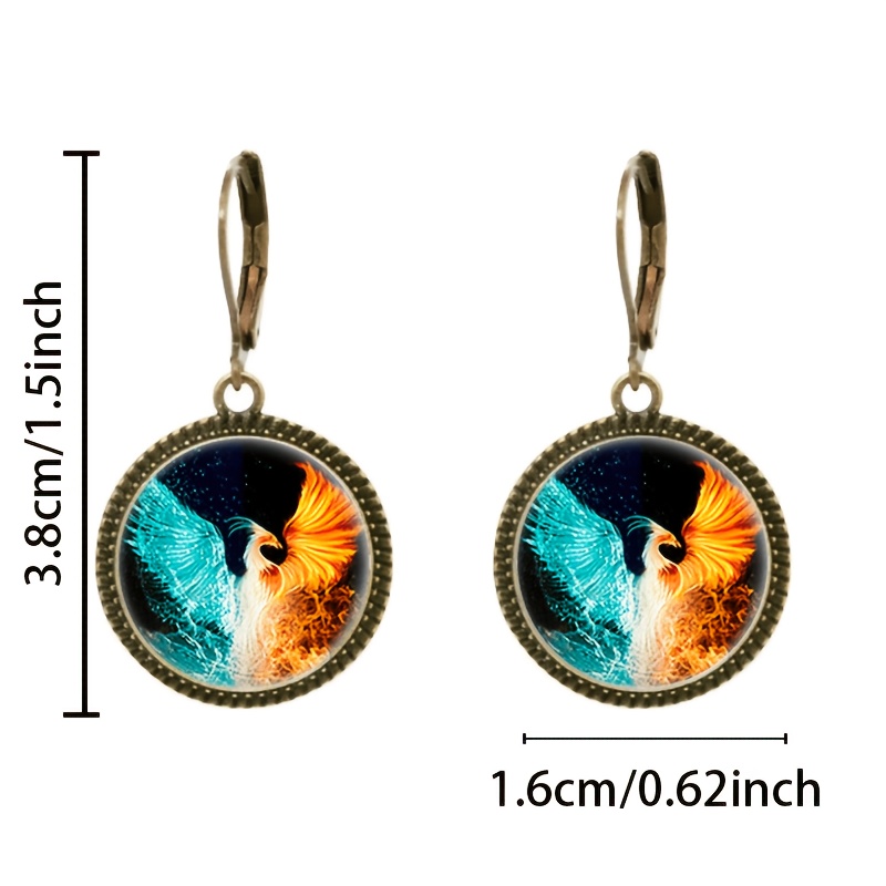 2pc Phoenix Pattern Blue Red Pendant Earrings Set