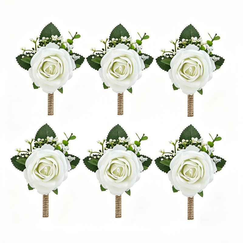 TEMU 6pcs White Rose Boutonniere For Men, Groomsmen And Groom Best For Man Artificial Flower Boutonnieres Set For Rustic Wedding Anniversary Prom