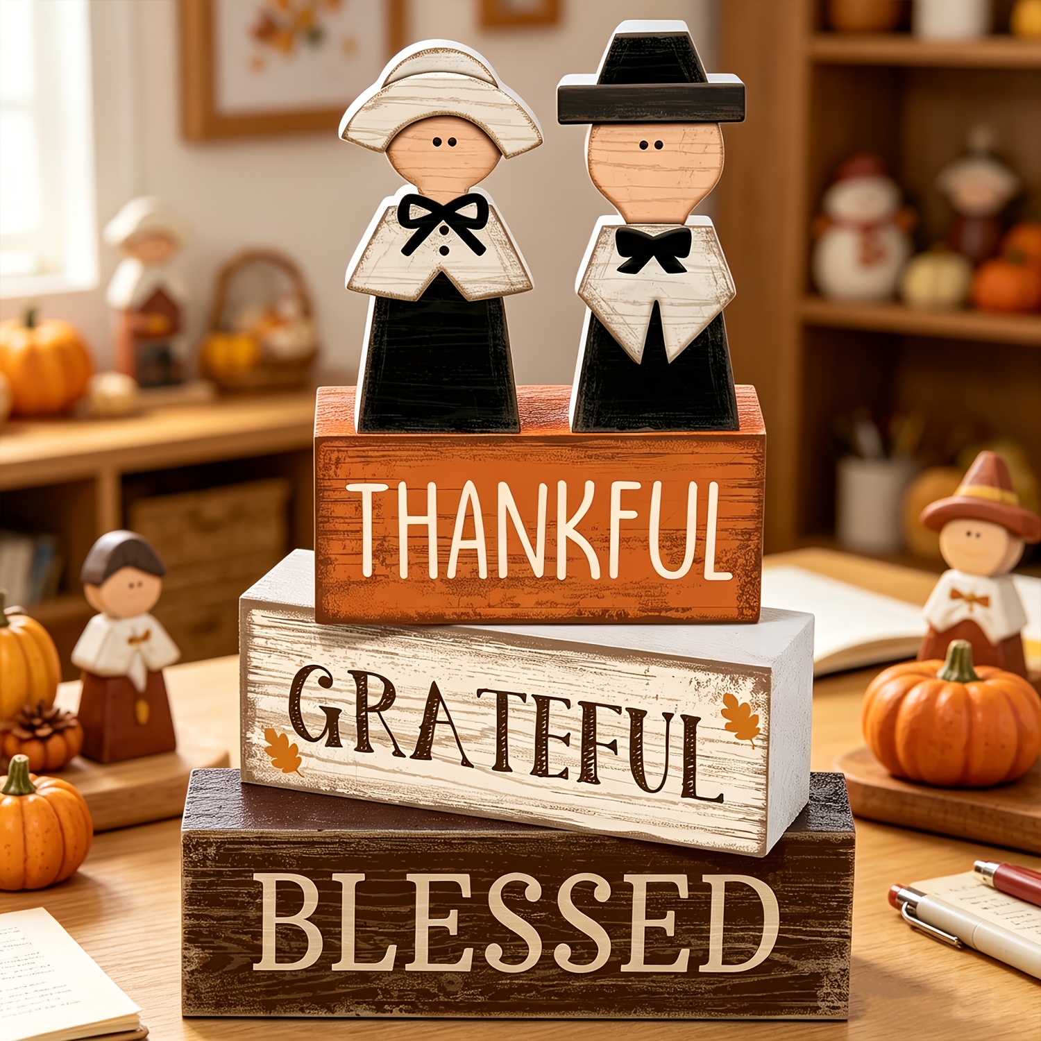 TEMU 4pcs Fall Tiered Tray Decor Set, Wooden Autumn Signs, Ornaments, Harvest Theme, Farmhouse Tabletop Decoration, Holiday Decor, Thanksgiving Home