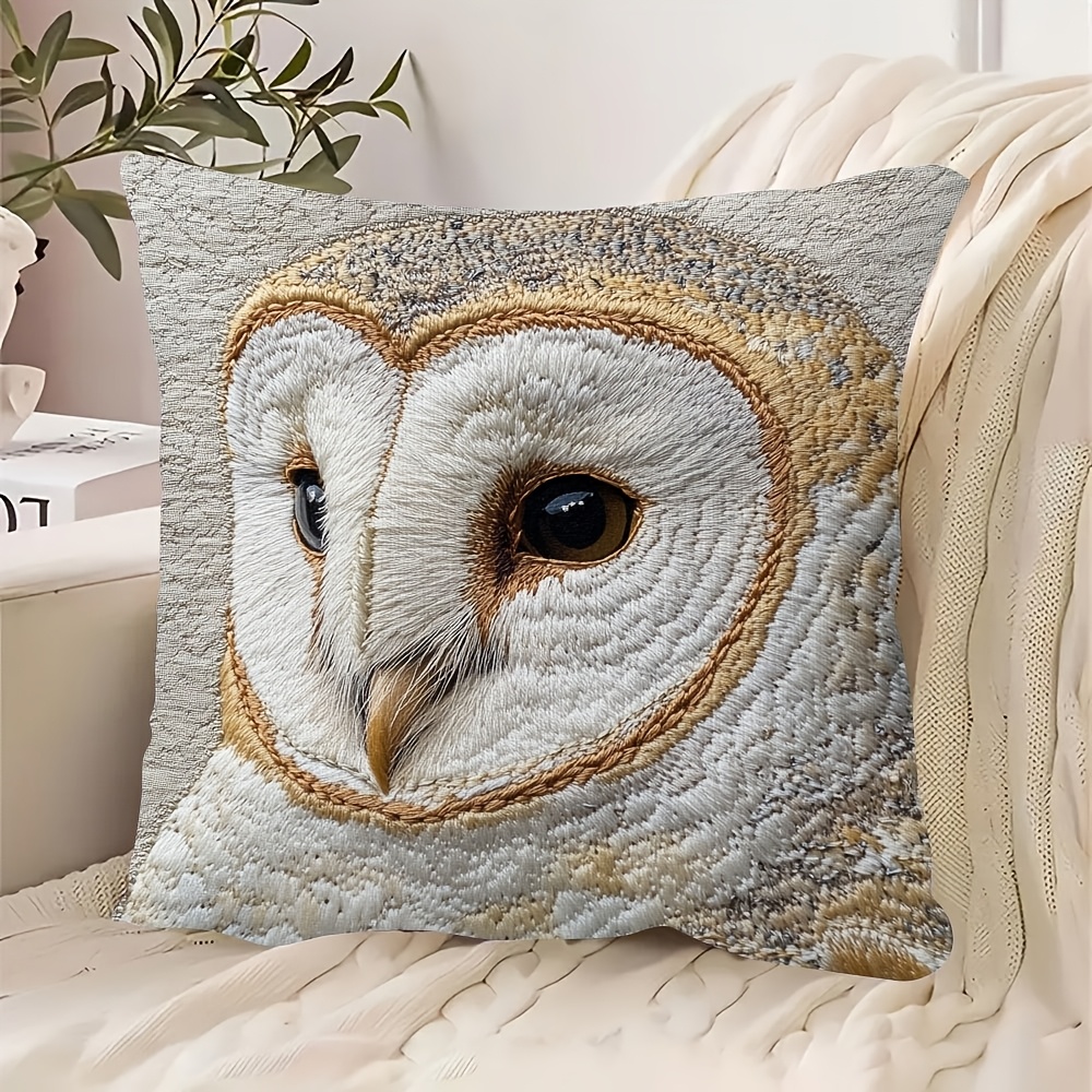 

1pc Barn Owl Embroidery-style Throw Pillow Cover, 18x18 Inch, Super Soft Short Plush, Double-sided Design, Contemporary Polyester Decorative Cushion Case With Zipper, Hand Wash Only - Qwch7931