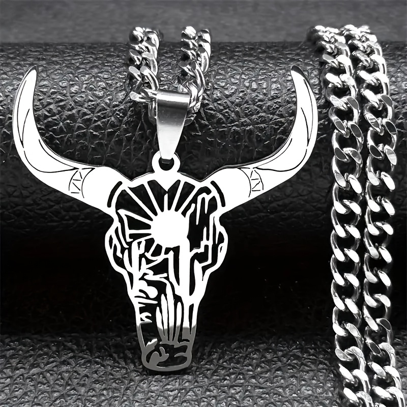 A Casual And Fashionable Western Denim Style 304 304 Stainless Steel Pendant Necklace, Geometric , Engraved Sun And Cactus Pattern, Men's Hip-hop Trend Bohemian Ethnic Style Ornament Gift