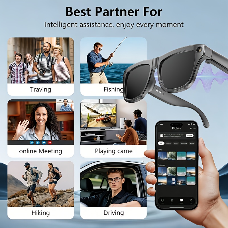 Smart AI Recognition Glasses with Built-In Camera, Clear Photo Capture, Wireless Hands-Free Music And Calls, UV Protection Shades, Comes with Interchangeable Spare Lenses